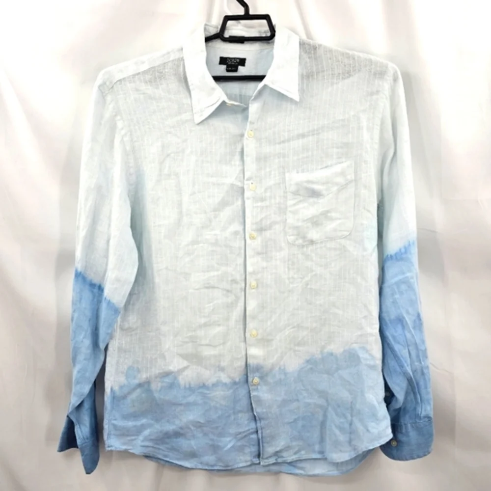 J Crew Men's Long Sleeve 100% Linen Shirt Tie-Dye Gradient‎ Blue Design Size L.